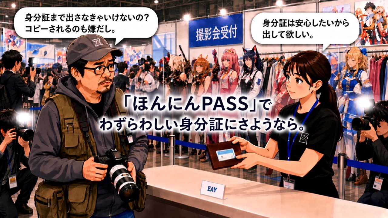 撮影会の受付で身分証の提出をためらう参加者と、確認をお願いするスタッフ。参加者はコピーされることへの不安を口にしている。「ほんにんPASS」でわずらわしい身分証にさようなら。